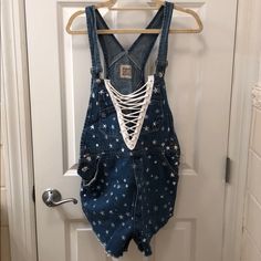 Lightly Worn Denim Overalls From Lf Stores. One Of A Kind Piece. Lightly Worn. Denim Overalls, Overalls, Lace Up, Blue And White, Stars, White, Lace, Women Shopping, Blue