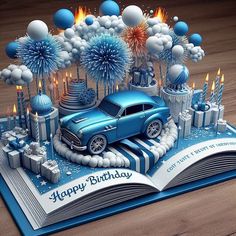 an open book with a blue car on it and fireworks in the sky behind it