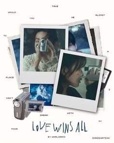 the movie poster for love wins all features two polaroid cameras, one with a woman's face and another with an image of a man holding a camera