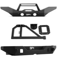 the front and rear bumpers of a truck with black plastic parts on white background