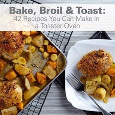 two pans filled with chicken and potatoes on top of a wooden table next to each other