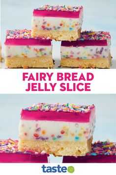 three pieces of cake with sprinkles on top and the words fairy bread jelly slice