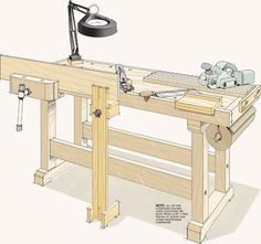 a drawing of a workbench with tools on the table and an electric driller