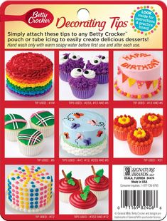 an advertisement for betty crocker's decor tips, including cakes and cupcakes