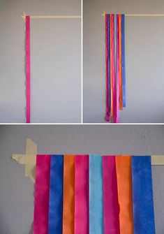 three pictures of different colored ribbons hanging from clothes pins