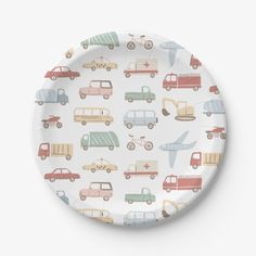 a paper plate with different types of cars on the front and back, all in pastel colors