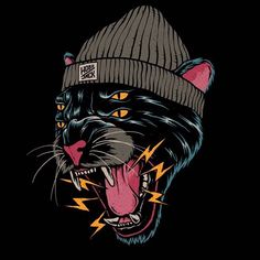 a black cat wearing a beanie with lightning bolts on it's head and mouth