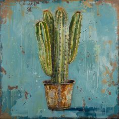 a painting of a cactus in a pot on a blue background with rusted paint