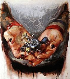 a painting of two hands holding an old camera and skull on the wall behind them