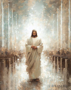 a painting of jesus standing in the rain with his arms crossed and hands folded over his chest