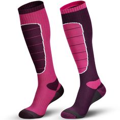 a pair of pink socks with purple and black stripes on the bottom, one has an over - the - calf design