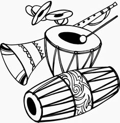 a black and white drawing of musical instruments