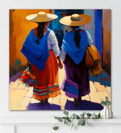 two women walking down the street with hats on their heads and carrying flowers in their hands