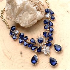 Beautiful Navy Blue Crystal Rhinestones Necklace. Brand New Never Been Worn. Elegant Blue Crystal Necklaces For Parties, Blue Crystal Jewelry With Rhinestones, Blue Crystal Necklaces For Party, Elegant Blue Crystal Necklace For Party, Blue Crystal Rhinestone Costume Necklace, Elegant Blue Crystal Necklace, Elegant Blue Rhinestone Necklace With Sparkling Stones, Elegant Blue Crystal Rhinestone Necklace, Blue Crystal Necklace For Party