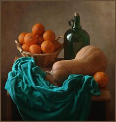 a painting of squash and gourds on a table