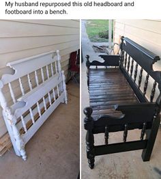 an old bed frame turned into a bench for the front porch and back porch area