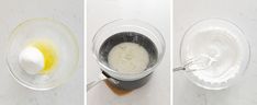 three pictures showing how to make an egg mixture