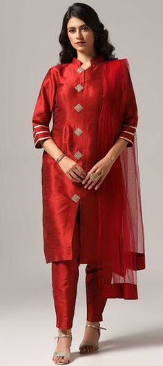 Red and Maroon color Salwar Kameez in Raw Silk fabric with Gota Patti, Lace, Stone work Formal Red Sets With Sheer Dupatta, Designer Red Churidar With Sheer Dupatta, Red Salwar Kameez With Sheer Dupatta, Red Traditional Wear With Sheer Dupatta And Straight Kurta, Elegant Red Churidar With Dupatta, Elegant Red Dola Silk Anarkali Set, Red Unstitched Suit With Sheer Dupatta For Festivals, Semi-stitched Red Unstitched Suit With Sheer Dupatta, Red Churidar With Sheer Dupatta For Navratri