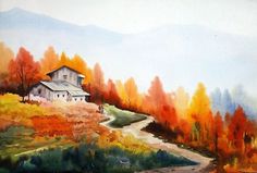 a painting of a house on a hill surrounded by trees