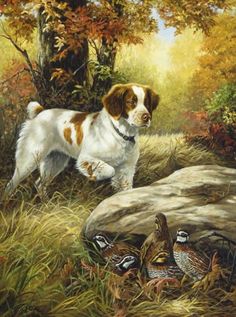 a painting of a dog standing next to some birds