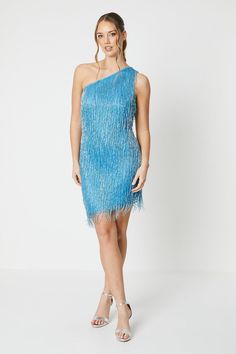 Embellished Fringe One Shoulder Mini Dress Fitted Blue Dress With Tassels, Elegant Blue Dress With Beaded Fringe, Fitted Blue Mini Dress With Fringe, Summer Beaded Fringe Sequin Mini Dress, Girls Occasion Dresses, Evening V-neck Mini Dress With Fringe, Holiday Outfits Women, Occasion Dresses Wedding, Fringe Dress