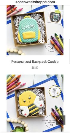 two boxes with cookies and crayons on them, one has a cookie in the shape of a bee