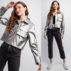 You'll be arriving right on time as the life of the party in this Xena Metallic Jacket with Cargo Pockets! This silver metallic PU jacket features a color neckline, cargo pockets, a cropped fit, and functional front buttons. This jacket looks great paired with jeans and boots or dress it up over a sweater dress! Color: Silver Metallic Fabric: 100% PU The fit: TTS / Cropped fit Sizing: Small - US Women's 2-4 Medium - US Women's 6-8 Large - US Women's 10-12 **Please note: MAL Boutique, LLC is not a new boutique -- just new to selling on Etsy. :) ** Casual Long Sleeve Cropped Jacket For Party, Trendy Metallic Outerwear For Fall, Casual Metallic Outerwear For Fall, Casual Fitted Metallic Outerwear, Metallic Outerwear With Pockets For Fall, Casual Metallic Outerwear For Party, Metallic Outerwear For Party, Casual Metallic Outerwear For Spring, Silver Jacket Outfit