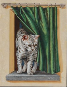 a painting of a cat standing on a window sill next to a green curtain