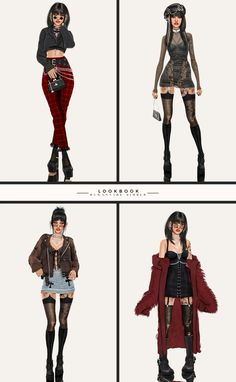 four different pictures of women in clothes and boots, all wearing tights with high heels