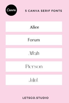 the 5 canva serif font styles are shown in pink and white, with black letters