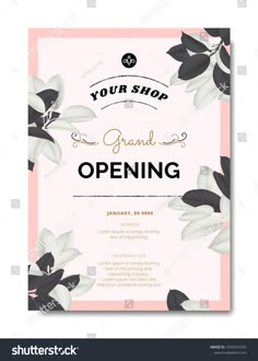 an open shop flyer with flowers and leaves on pink stock photo, royalty image and royalty