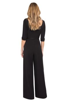 Laurel Berman's iconic Black Halo Jackie O Jumpsuit updated as a wide-leg jumpsuit with 3/4 sleeves is perfect for the office or an evening out. Designed and Manufactured in the USA of imported fabrics. Black Halo Jackie O Dress, Sheath Dresses, Black Halo, Jackie O, Genuine Leather Belt, Wide Leg Jumpsuit, Black Jumpsuit, The Office, All Black