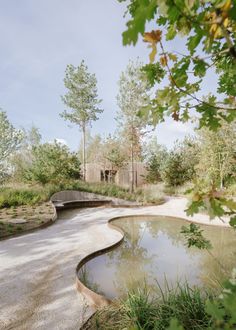 a small pond in the middle of a park with a bridge over it and trees