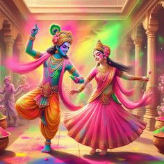 two people dressed in colorful clothing dancing