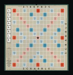 a scrabble board game is shown with words and numbers on the tiles in red, blue, and green