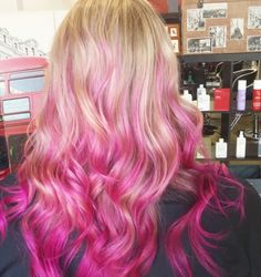 Pink Ends Hair Blonde, Blonde Pink Ombre, Dark To Light Pink Ombre Hair, Pink Dip Dye Hair Blonde, Blonde Hot Pink Hair, Neon Pink Ombre Hair, Hot Pink To Light Pink Hair, Blonde To Pink Ombre, Hot Pink To Light Pink Ombre Hair