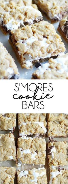 some cookies and bars are stacked on top of each other with the words, s'mores cookie bars