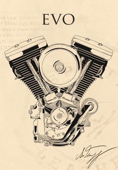 an old motorcycle engine is shown in black and white, with the words ev written on it