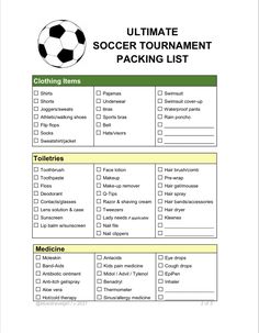 the ultimate soccer tournament packing list is shown in this printable form, which includes items for