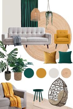 a living room with green and yellow accents in the color scheme, including couches, chairs