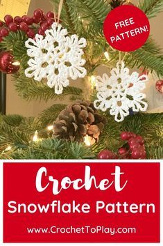 crochet snowflake pattern on a christmas tree with pine cones and berries