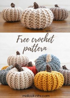 crocheted pumpkins with the words free crochet pattern written below them