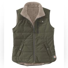 Nwt Size Large Basil (Green) Get Two Looks In One With Carhartt's Utility Vest, Featuring Durable, Water-Repellent Rain Defender Nylon On One Side And Cozy Sherpa Fleece On The Other. Carhartt Jacket Women's, Womens Utility Vest, Shuffles Cutouts, Carhartt Vest, Carhartt Jackets, Utility Vest, Carhartt Womens, Brown Vest, Hoodie Vest