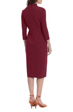 A twist neckline and sheath silhoutte with hidden back-zip closure unite to make the perfect day-to-night three-quarter sleeve dress. 96% polyester, 4% spandex Machine wash Imported Fitted Cocktail Dress, 3/4 Length, Fitted Cocktail Dress 3/4 Length, Fitted Cocktail Dress With 3/4 Length, Elegant Career Dresses With 3/4 Sleeves, Fitted Career Dress With 3/4 Sleeves, Bodycon Midi Dress With 3/4 Sleeve, Formal Stretch Midi Dress With 3/4 Sleeve, Career Sheath Dresses For Fall, Fitted Midi Dress With Ruched 3/4 Sleeve