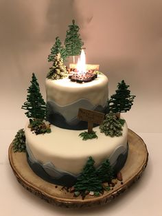 a three tiered cake with frosting and trees on top, lit by a candle