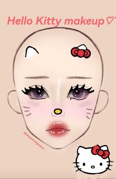 Hello Kitty Halloween Makeup, Hello Kitty Makeup Look, Hello Kitty Diy, Make Up Guide, Creepy Clown Makeup, Cute Clown Makeup, Asian Makeup Tutorials, Makeup Charts, Korean Makeup Tips