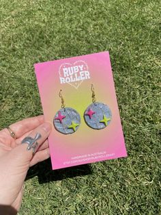 Holographic glitter disco ball earrings with pink and green sparkle detail, with gold-look findings. Disco Dancer