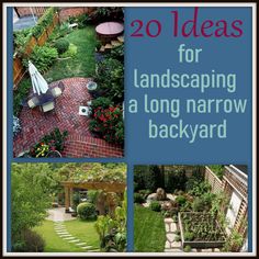 the cover of 20 ideas for landscaping a long narrow backyard