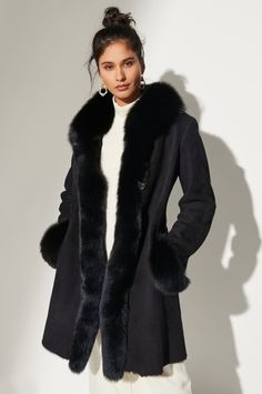 Chantal Reversible Sheepskin Coat with Black Fox Fur Trim | Overland Fall Sheepskin Outerwear In Mink Color, Fall Sheepskin Fur Coat With Faux Fur Lining, Luxury Sheepskin Fur Coat For Fall, Elegant Sheepskin Outerwear For Fall, Classic Sheepskin Fur Coat For Winter, Classic Sheepskin Fur Coat With Faux Fur Lining, Elegant Sheepskin Fur Coat For Winter, Luxury Sheepskin Long Coat, Classic Sheepskin Coat With Faux Fur Trim