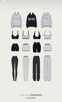 the back side of a poster with various clothing items in black, white and grey